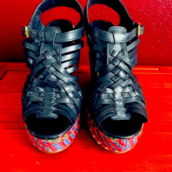 TORY BURCH Raven Woven Leather and Raffia Wedge Sandals Size 6, Like New - Picture 3 of 10